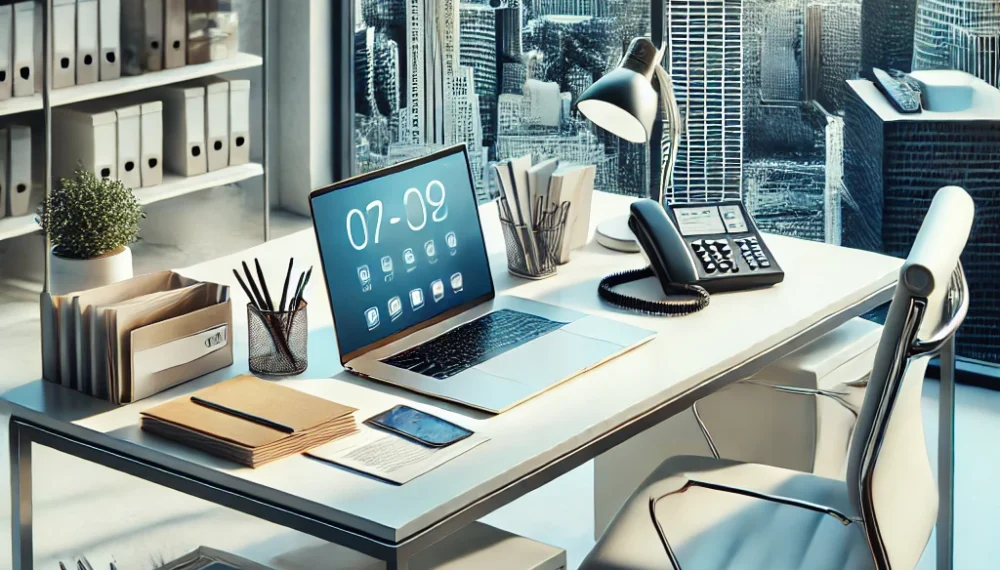 DALL·E 2024-11-06 17.58.41 - A realistic photo representing a virtual office service setup. The image includes a modern office desk with items like a laptop, phone, neatly stacked DALL·E 2024-11-06 17.58.41 - A realistic photo representing a virtual office service setup. The image includes a modern office desk with items like a laptop, phone, neatly stacked